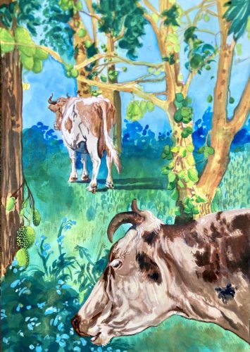 Cows of Rosa Bonheur amongst jackfruit trees
